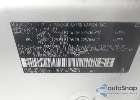 2017 Toyota Rav4 Le z USA, uszkodzony, nr VIN 2T3BFREV2HW659673